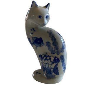 Vintage Asian Porcelain Cat Figure Blue And Salt Glaze Shelf Sitter Book Case